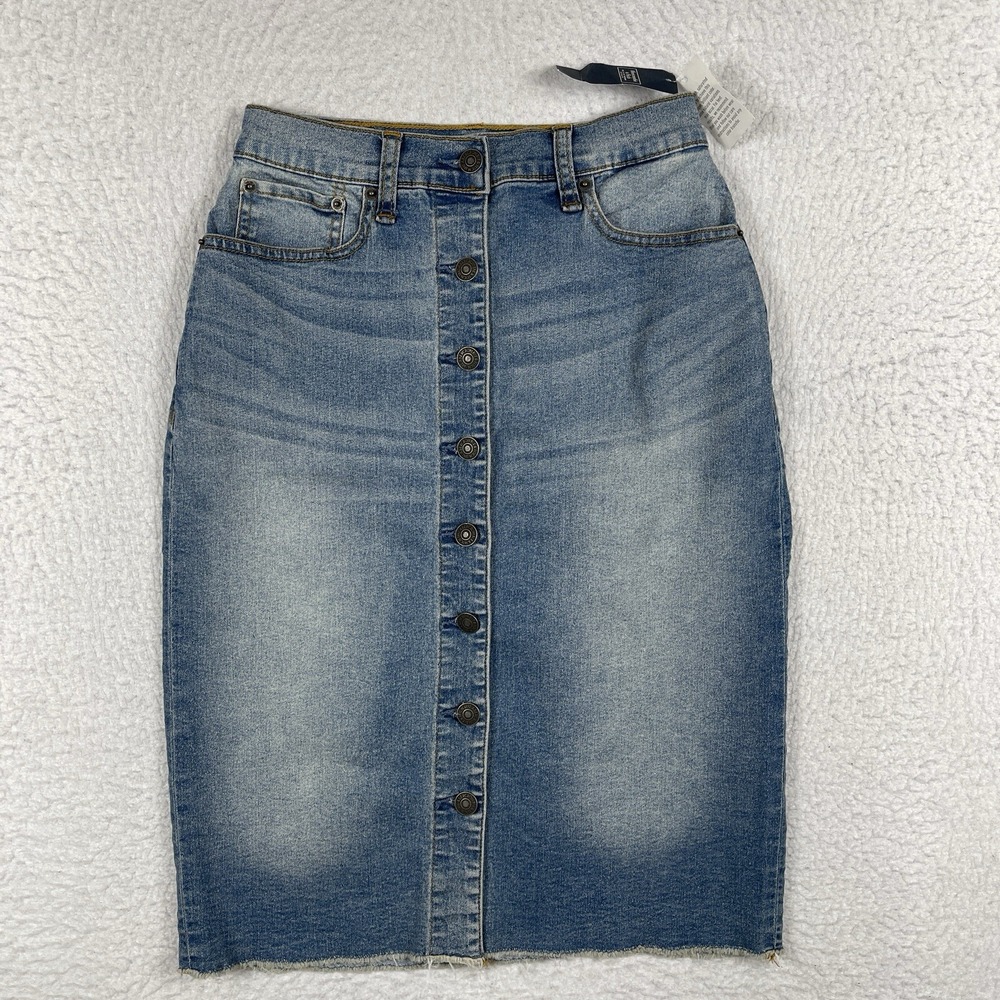 Abercrombie & Fitch Skirt Womens 2 Denim Midi Button Front‎ Distressed Raw Hem